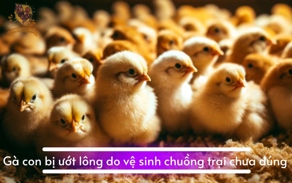 Gà con bị ướt lông do vệ sinh chuồng trại chưa đúng 